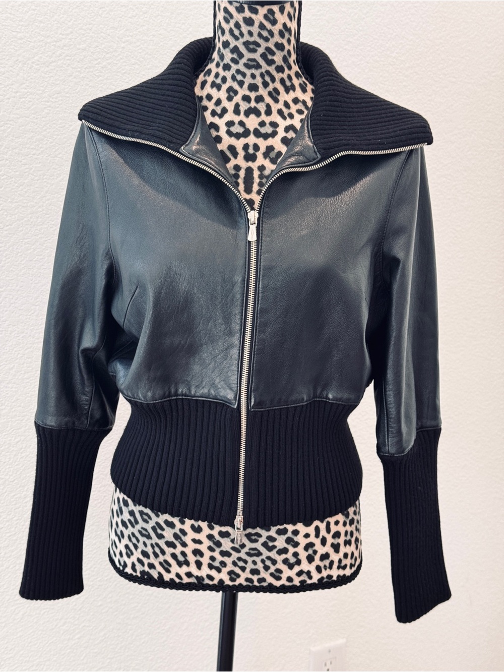 ONE GIRL WHO Black Leather Bomber Jacket with Ribbed Trim